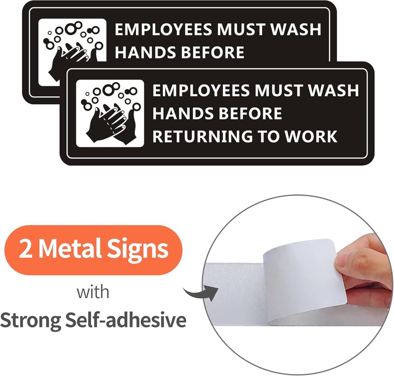 MongFun Employees Must Wash Hands Sign, (2 Pack) Self-Adhesive Metal Signage for Office Bathroom, 7 x 2 Inch Waterproof Aluminum Signs for Indoor Outdoor Use (Black) - Image 2